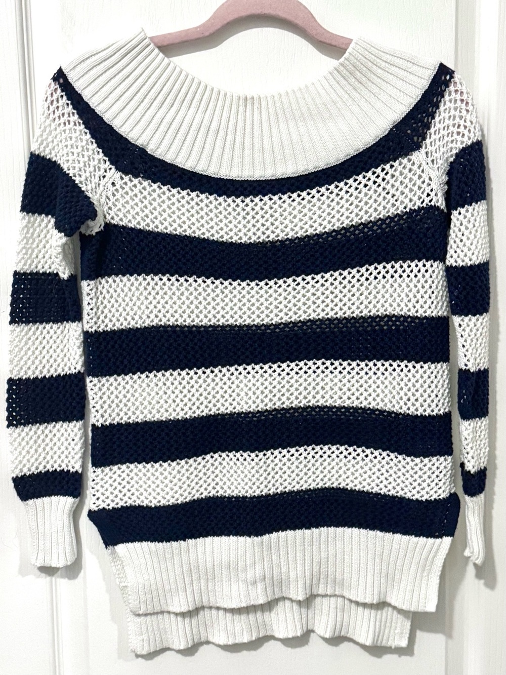 aerie White and Navy Open Knit Sweater Top